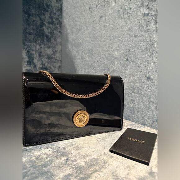 Sale ends 12/15 Versace Black and Gold Medusa Patent Leather Bag NWT - Picture 1 of 8